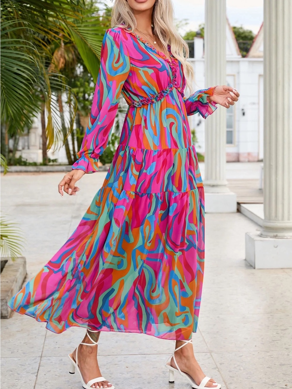 Vibrant Pink Multi-Color Swirl Maxi Dress - Women